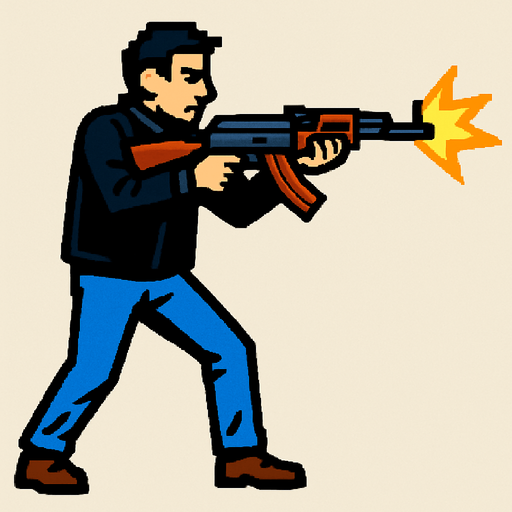 un hombre usando una chaqueta negra pantalones azules disparando un ak47.
In-Game asset.  2d.  High contrast.  No shadows con la perspectiva lateral de cuerpo completo