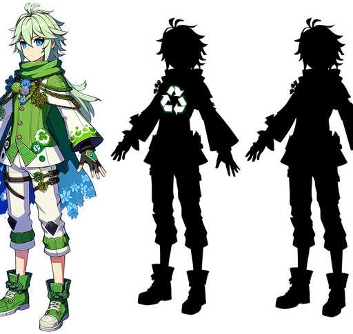 Anime eco hero.
Single Game Texture.  In-Game asset.  2d.  Blank background.  High contrast.  No shadows