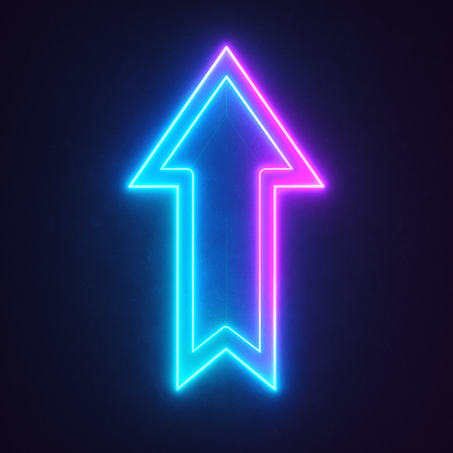 neon cyberpunk arrow pointing north glowing hologram flat 3d straight on symmetrical