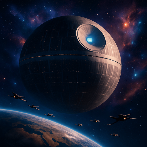 A dramatic sci-fi space background featuring a massive spherical orbital station inspired by the Death Star, orbiting a distant planet. The station has detailed surface structures, illuminated trenches, and a large superlaser dish glowing softly. Surrounding the station are small starfighters flying in formation against a vibrant starfield filled with colorful nebulas in shades of blue, purple, and orange. The distant planet below shows visible continents and atmosphere with soft clouds. The scene is cinematic and mysterious, with dynamic lighting and subtle lens flares to enhance depth and realism. High resolution, widescreen format, concept art style, original and copyright-safe..
In-Game asset.  2d.  High contrast.  No shadows