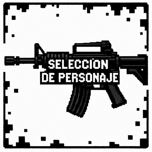 un rifle de asalto m4 negro que en medio diga seleccion de personaje hecho con pixeles.
In-Game asset.  2d.  High contrast.  No shadows