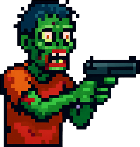 elinde silah tutan bir zombi çiz pixel tarzı ile.
In-Game asset.  2d.  High contrast.  No shadows