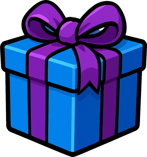It has a purple ribbon and ribbons on a blue gift box.
In-Game asset.  2d.  High contrast.  No shadows