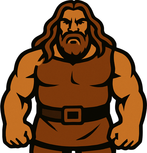 Uzun saçlı kahverengi renkte iri bir adam.
In-Game asset.  2d.  High contrast.  No shadows
