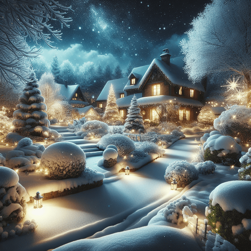 Photorealistic wonderfull Snowy winter garden at night