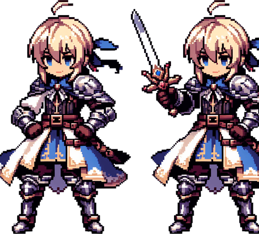 generate a 2d asset pixel art spritesheet of a anime girl knight with two frames. one idle and one attacking with a sword
Single Game Texture.  In-Game asset.  2d.  Blank background.  High contrast.  No shadows