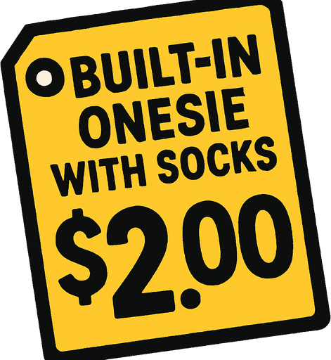 Price tag that says built-in onesie with socks $2.00.
In-Game asset.  2d.  High contrast.  No shadows