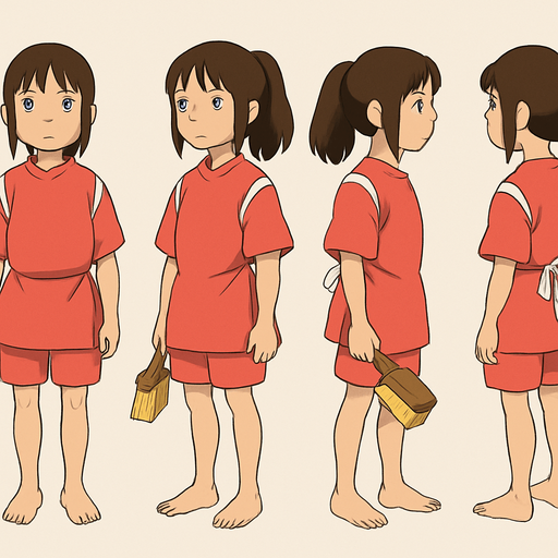 Pack of complete body frames of girl Chihiro character from "spirited a way" movie. without shoes, holding small rectangle hand Scrubbing Brush with color brown and yellow, her feet are dusty a bit from bottom
In-Game asset.  2d.  High contrast.  No shadows. no broom