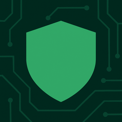 Green, simple shield icon, clean minimal futuristic design, top-down view, 76x76 pixels, matches sci-fi circuit board theme, no text, no glow, no effects, just flat shape.
In-Game asset.  2d.  High contrast.  No shadows