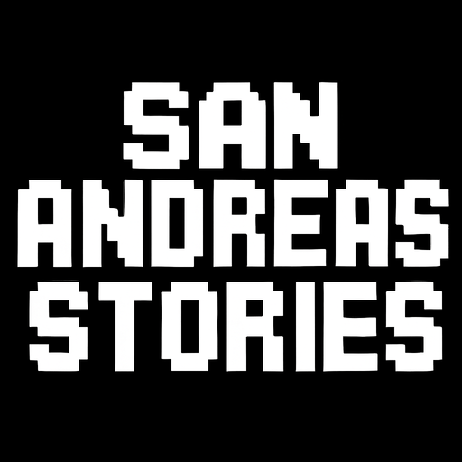 letras que dicen san andreas stories blancas hechas con pixeles.
In-Game asset.  2d.  High contrast.  No shadows