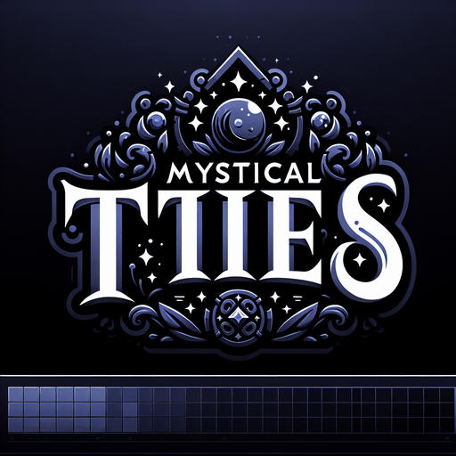 A large game logo displaying the title 'Mystical Tiles' in a mysterious font with magical decorations and effects, suitable for display on a dark bagground. Aspect ratio of the logo should be 10:4.
Single Game Texture. In-Game asset. 2d. Blank background. High contrast. No shadows.