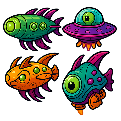 Alien Airships, HD colors.
In-Game asset.  2d.  High contrast.  No shadows