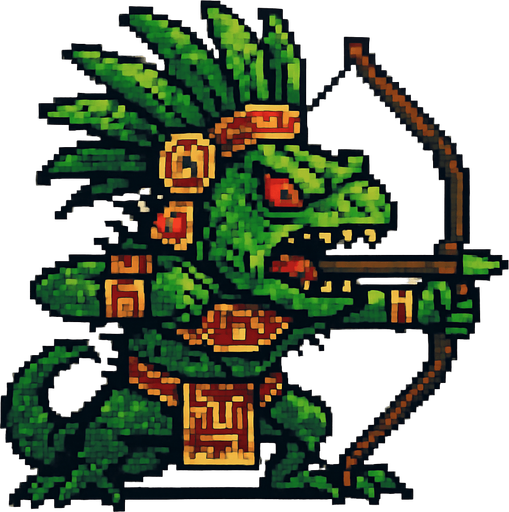 Genérame una Iguana Verde guerrero azteca con eso patrones, estilo pixelar, con una apariencia maligna, ojos rojos, rabioso. Unidad a distancia, con un arco o cerbatana. Animal.
In-Game asset.  2d.  High contrast.  No shadows