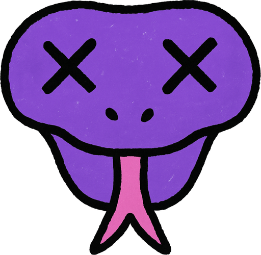 cabeza de serpiente morada con x en los ojos.
In-Game asset.  High contrast.  No shadows. 2d draw, kid draw, simple, minimalistic