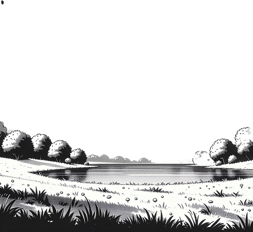 ghibli anime 2d style. meadow at lake. sky full of small with cloud.
Single Game Texture.  In-Game asset.  2d.  Blank background.  High contrast.  No shadows
