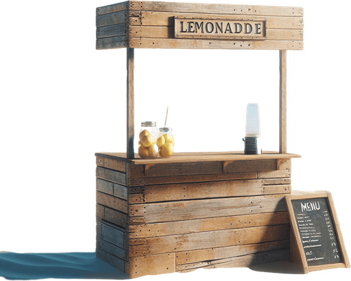 An empty beach side lemonade stand..
Single Game Texture. In-Game asset. 2d. Blank background. High contrast. No shadows.