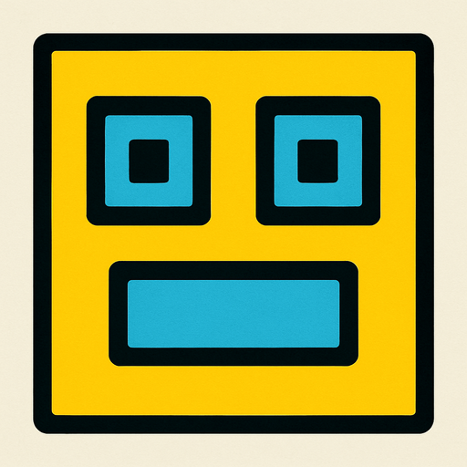 un cuadrado amarillo con ojos cudrados celestes y boca celeste rectangular.
In-Game asset.  2d.  High contrast.  No shadows