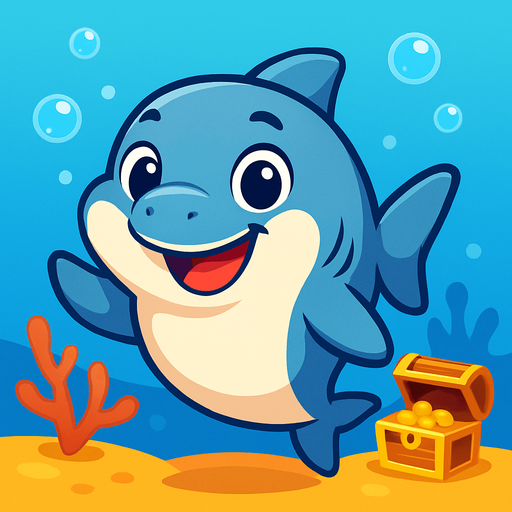 A cute cartoon-style shark character designed for a mobile game. Smooth and slightly chubby body, big round eyes with a friendly sparkle, a wide cheerful grin with small, non-scary teeth. Light gray or blue-gray color with a soft white belly. Playful pose, as if swimming happily or waving a fin. Simple colorful underwater background with bubbles, coral, or treasure chests. Joyful and friendly expression, perfect for kids. High-quality digital illustration, ideal for a children’s game..
In-Game asset.  2d.  High contrast.  No shadows. cartoon style