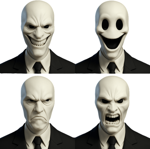 3D Slenderman scary and funny face meme, different faces look,face only
In-Game asset.  High contrast.  No shadows. 3D