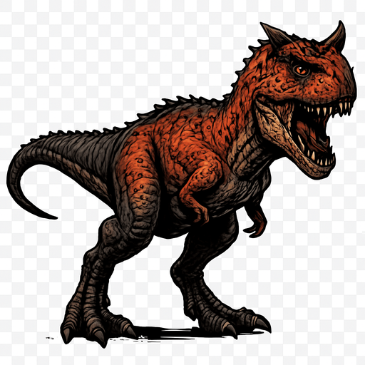 A fierce Carnotaurus dinosaur depicted in a dynamic neutral pose on a transparent background. It has a slender but muscular body covered with rough, textured reddish-brown and dark gray scales. The head is distinctive with two prominent horns above its eyes and a wide mouth showing sharp teeth. Its arms are tiny and tucked close to the body, while powerful legs end in sharp claws. The skin shows bumps and small scars, emphasizing its predatory nature and agility..
In-Game asset.  2d.  High contrast.  No shadows
