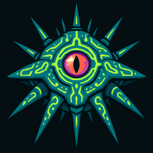 Alien mothership with spikes and glowing patterns and alien eye in middle.
In-Game asset.  2d.  High contrast.  No shadows