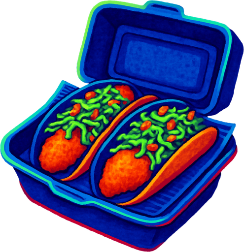 Two fish tacos in a to go box.