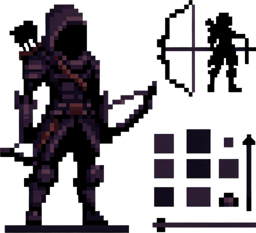 create me a 2d pixel dark archer.
Single Game Texture. In-Game asset. 2d. Blank background. High contrast. No shadows.