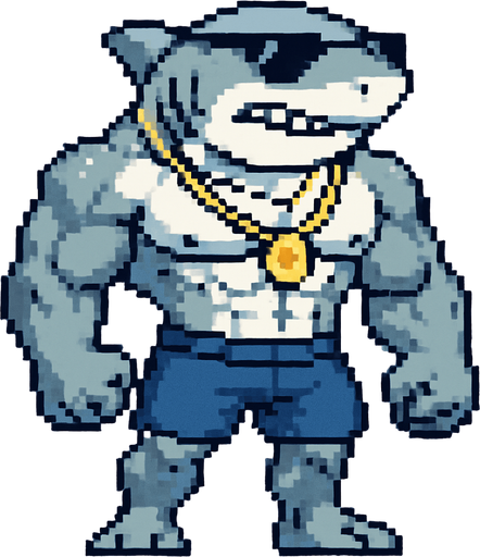 Tiburón furry fuerte sin camisa y con shorts, que en la cara lleve unas gafas de sol, que lleve colgantes y que sea pixeleado que se vea todo su cuerpo 
In-Game asset.  2d.  High contrast.  No shadows