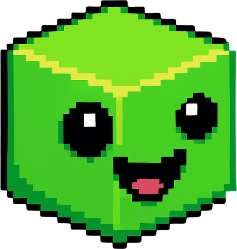 happy green cute cube sprite.
In-Game asset.  2d.  High contrast.  No shadows