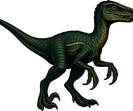 A sleek and agile Deinonychus dinosaur in a neutral pose on a transparent background. It has a slender body covered with dark green and brown textured scales, accented with lighter stripes along its sides. The head is narrow with sharp teeth visible, and bright, alert eyes. Its arms are relatively long with sharp claws, and its legs show the famous sickle-shaped claws on the second toes. The tail is long and flexible for balance. The skin texture is detailed, showing small scales and subtle muscle definition..
In-Game asset.  2d.  High contrast.  No shadows