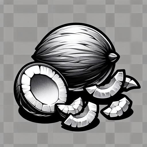 A coconut and a few pieces of coconut.
Single Game Texture. In-Game asset. 2d. Blank background. High contrast. No shadows.
