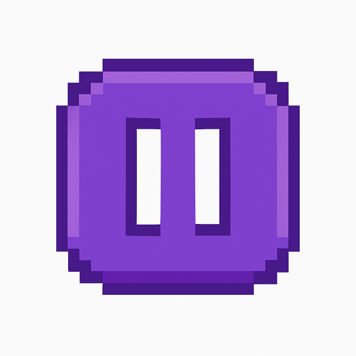 Pixel art pause button, purple color, rounded corners, 8-bit UI style, minimal design, no background, 80x80 size, suitable for mobile rhythm game interface.
In-Game asset.  2d.  High contrast.  No shadows