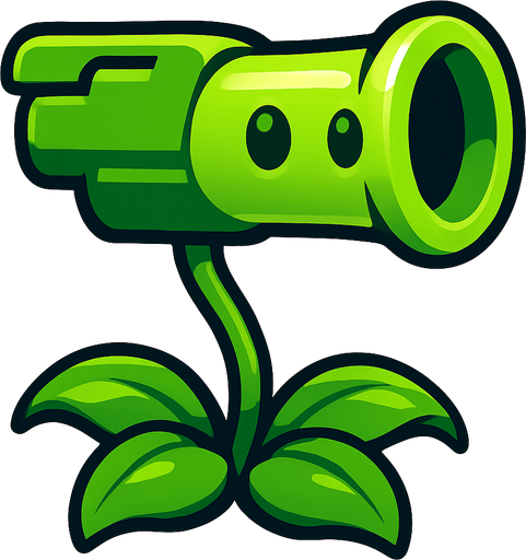 una planta de color verde brillante con forma de pistola vegetal: su “cañón” cilíndrico, ligeramente más ancho en la boca, luce un tono verde claro con un suave degradado y un brillo que le da volumen. Sus ojos son dos círculos lisos y oscuros, casi sin pupila, que le aportan un aire simpático y sencillo. El cuerpo descansa sobre un tallo delgado y flexible, sostenido por cuatro hojas arqueadas y onduladas en la base, de un verde más intenso, que sirven de “pies” y refuerzan su aparienciauna planta de color verde brillante con forma de pistola vegetal: su “cañón” cilíndrico, ligeramente más ancho en la boca, luce un tono verde claro con un suave degradado y un brillo que le da volumen. Sus ojos son dos círculos lisos y oscuros, casi sin pupila, que le aportan un aire simpático y sencillo. El cuerpo descansa sobre un tallo delgado y flexible, sostenido por cuatro hojas arqueadas y onduladas en la base, de un verde más intenso, que sirven de “pies” y refuerzan su apariencia.
In-Game asset.  High contrast.  No shadows
