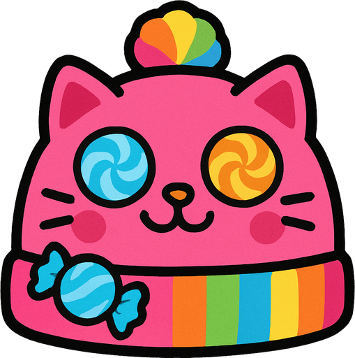 cute candy cat design beanie top view..
In-Game asset.  2d.  High contrast.  No shadows