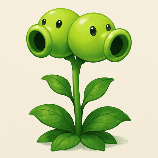 Forma general: Es una planta con un tallo central del que brotan hojas y, en la parte superior, tiene dos "cabezas" o vainas de guisante.

Color: Predomina un color verde claro brillante en todo el cuerpo de la planta, con algunas sombras que le dan volumen y realismo. Las hojas y el tallo son de un verde ligeramente más oscuro.

Cabezas/Vainas: Tiene dos vainas de guisante esféricas unidas, dispuestas una al lado de la otra. Cada una de ellas actúa como un cañón:

Orificios de disparo: Ambas vainas tienen una abertura frontal redonda y oscura, que es por donde disparan los guisantes.

Ojos: Cada vaina tiene dos pequeños ojos oscuros, similares a cuentas, que le dan una expresión curiosa o atenta.

Hojas: En la base de las vainas y a lo largo del tallo, hay varias hojas grandes y ovaladas de color verde oscuro, con nervaduras visibles.

Estilo artístico: La imagen tiene un estilo más renderizado y detallado que las ilustraciones típicas del juego, con un sombreado suave que le da una a.
In-Game asset.  2d.  High contrast.  No shadows
