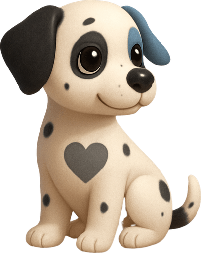 A white dog with black spots on him and one ear black and one ear blue. Make it a sitting dog with a heart grey hole in the middle of the body and make it SOOOO  cute with big cute eyes with shines in them and make the dog facing right.
Kinda 3d. Some Shadows.