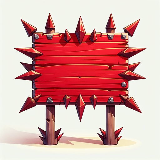 A dangerous bright red wooden message board with long spikes on all sides. Views straight from the front as an interface element..
Single Game Texture. In-Game asset. 2d. Blank background. High contrast. No shadows.