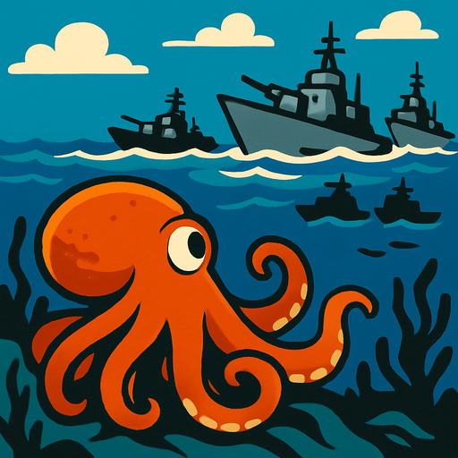 un pulpo naranja viendo que barcos de guerra vienen a atacar su hogar marino.
In-Game asset.  2d.  High contrast.  No shadows