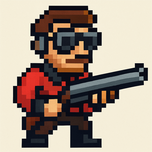 Un changón con un tipo piloto peinado que tengo una ropa roja y negra y que sea tipo pixelar.
In-Game asset.  2d.  High contrast.  No shadows