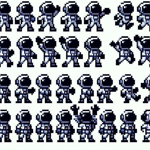 pixelart. A spritesheet containing a number of different views of tiny astronauts in various poses and views, some facing to the sie, some to the front, some with one arme raised, some in midjump, some waving. All with heltmets on. Sprites should be laid out in a rectangular grid with empty space betweem them..
Single Game Texture. In-Game asset. 2d. Blank background. High contrast. No shadows.