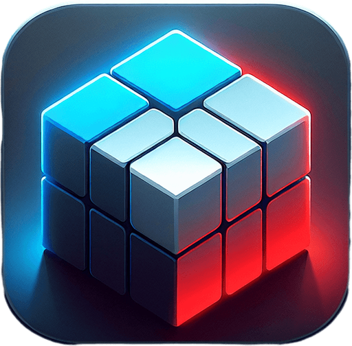 A square app store icon with rounded edges, designed for a Cube Cracking app. The icon features an isometric Rubik's cube in the center, with one side glowing in simple neon blue lines, inspired by Tron, and the opposite side subtly tinted red, with minimal cracks to suggest corruption. The background is a clean gradient of dark grey to black, with a faint glow emanating from the cube's edges. The design remains sleek and minimal, focusing on the contrast between the orderly blue side and the corrupted red side.
Single Game Texture. In-Game asset. 2d. Blank background. High contrast. No shadows.