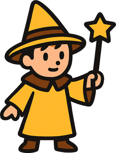 Mago con sombrero amarillo y marrón sin barba con varita con estrella sin barba, de cuerpo entero.
In-Game asset.  2d.  High contrast.  No shadows