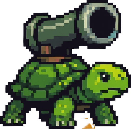 a turtle with a canon on her shell, pixelart.
In-Game asset.  2d.  High contrast.  No shadows
