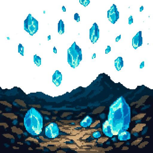 Gran paisaje con piedras brillantes azules callendo del cielo , pixelart.
In-Game asset.  2d.  High contrast.  No shadows