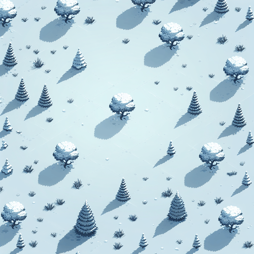 Top down snowy field with some scattered tries. Single Game Texture. In-Game asset. 2d. Blank background. High contrast. No shadows.