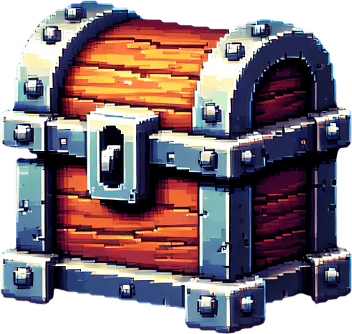 Un cofre del tesoro pixelado.
Single Game Texture.  In-Game asset.  2d.  Blank background.  High contrast.  No shadows