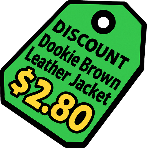 green price tag that says discount Dookie Brown Leather Jacket $2.80.
In-Game asset.  2d.  High contrast.  No shadows