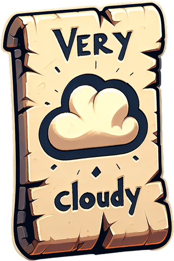 a pergament letter with the name "Very cloudy". It has a big cloud on it. vertical. Single Game Texture. In-Game asset. 2d. Blank background. High contrast. No shadows.