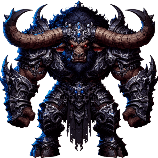 2D armored evil minotaur.
Single Game Texture.  In-Game asset.  2d.  Blank background.  High contrast.  No shadows