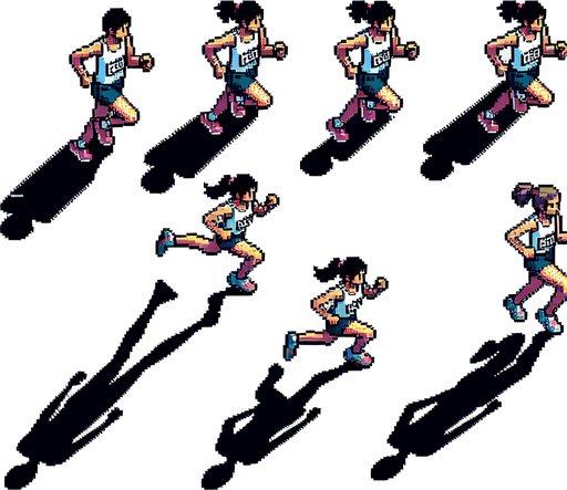 sprite sheet for a marathon runner seen directly from above in a running and jumping state. gta 2 perspective. ensure the runner is seen straight from above as in the gta 2 game. pixelated. 8 bit.
Single Game Texture. In-Game asset. 2d. Blank background. High contrast. No shadows.